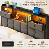 Bed Frame Full with Drawers and Charging Station, Upholstered Platform Bed with Storage Headboard and LED Light