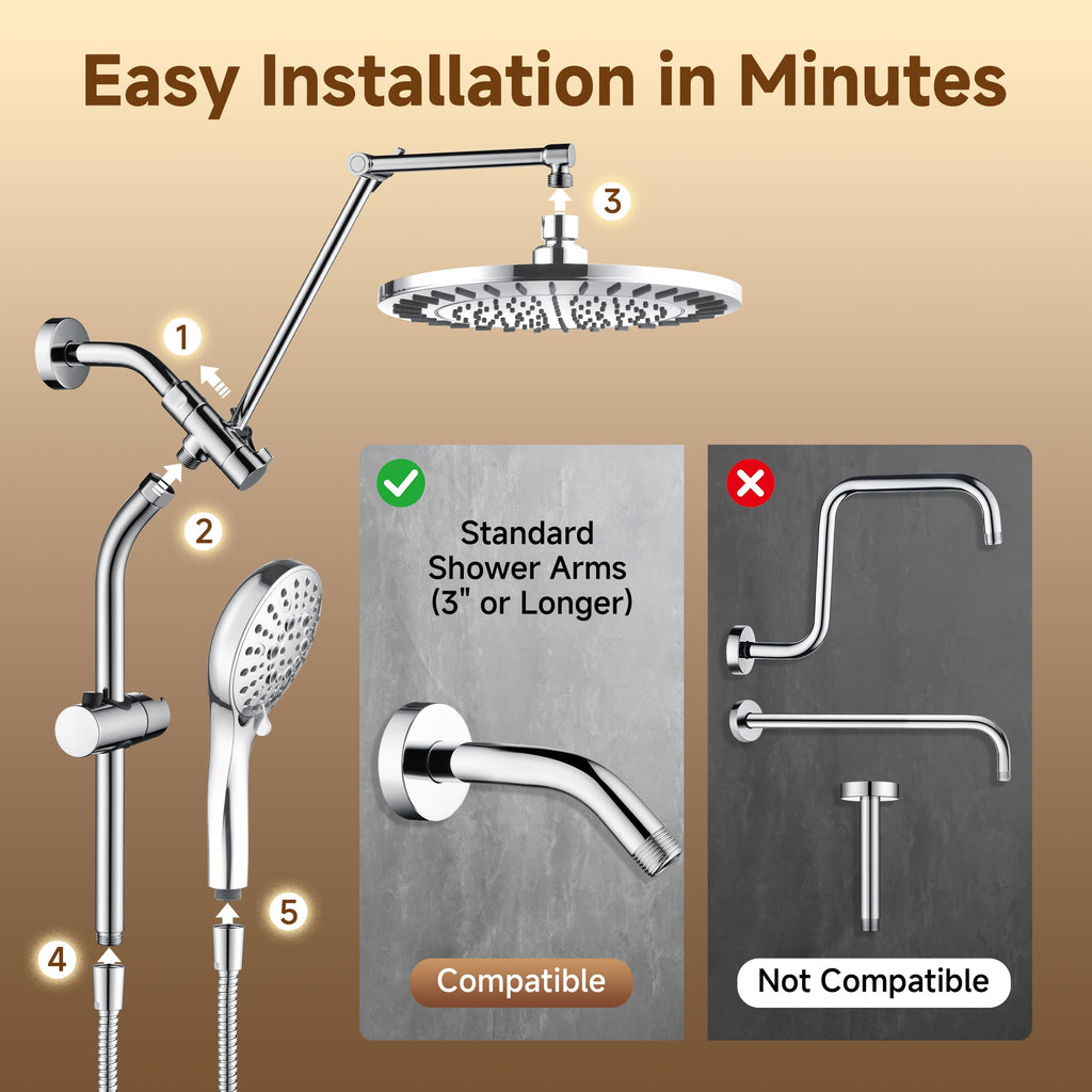 Rain Shower System with Handheld, High Pressure Dual Shower Head Combo, 9-Spray Modes, Adjustable Slide Bar &