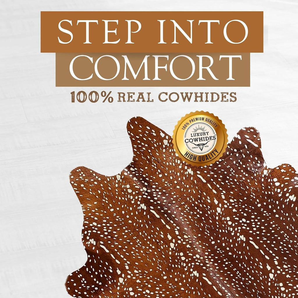 100% Genuine Deer Print Cowhide Rug - Modern Style Animal Skin Rug & Floor Carpet & More - Large (6x6-7ft)