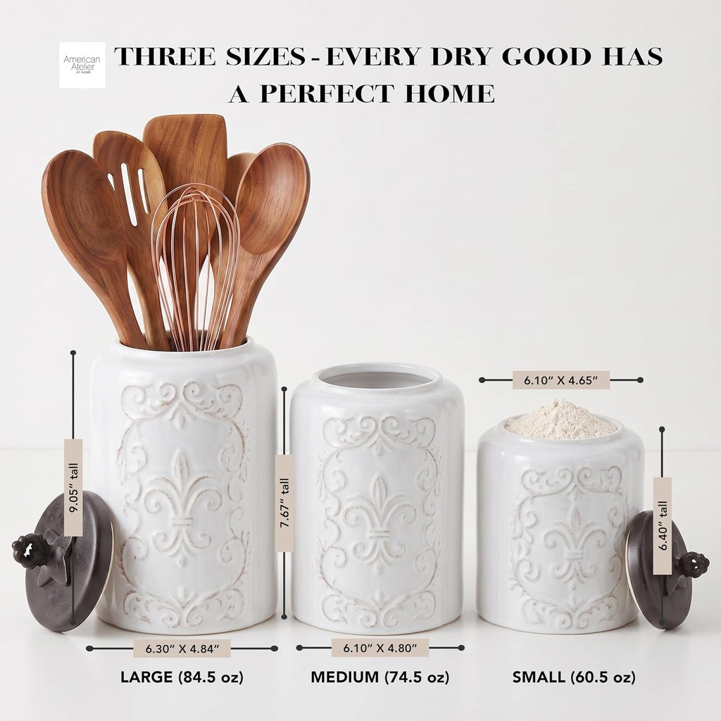 Ceramic Kitchen Canister Set Fleur De Lis w/ Lids - Set of 4