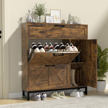 Shoe Storage Cabinet, Narrow Shoe Cabinet with 2 Flip Drawers, Farmhouse Shoe Rack Cabinet with Adjustable Shelves