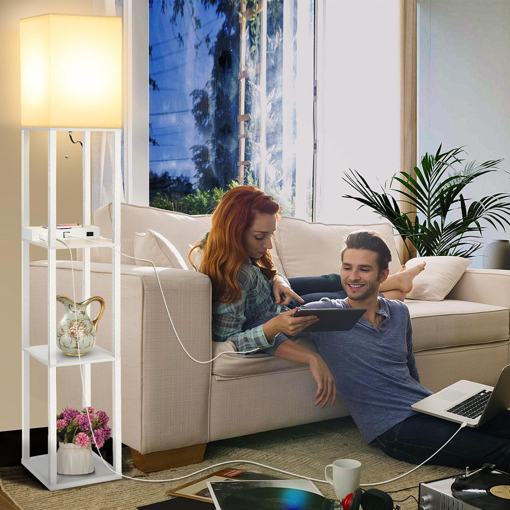 Shelf Floor Lamp with Wireless Charger, USB, Type C, AC Port,White