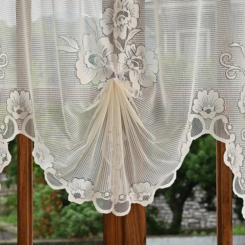 Beige Sheer Lace Valance Window, Half Curtain Tie Up Valance Home Deco, Rod Pocket, 59 x 39 Inch, 2 Pack