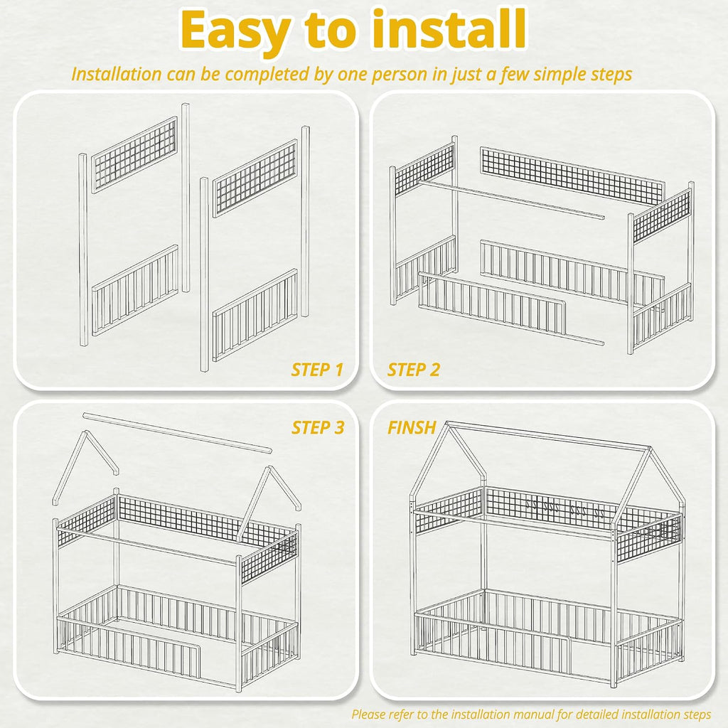 Floor Bed Frame with Fence Guardrails and Roof, White