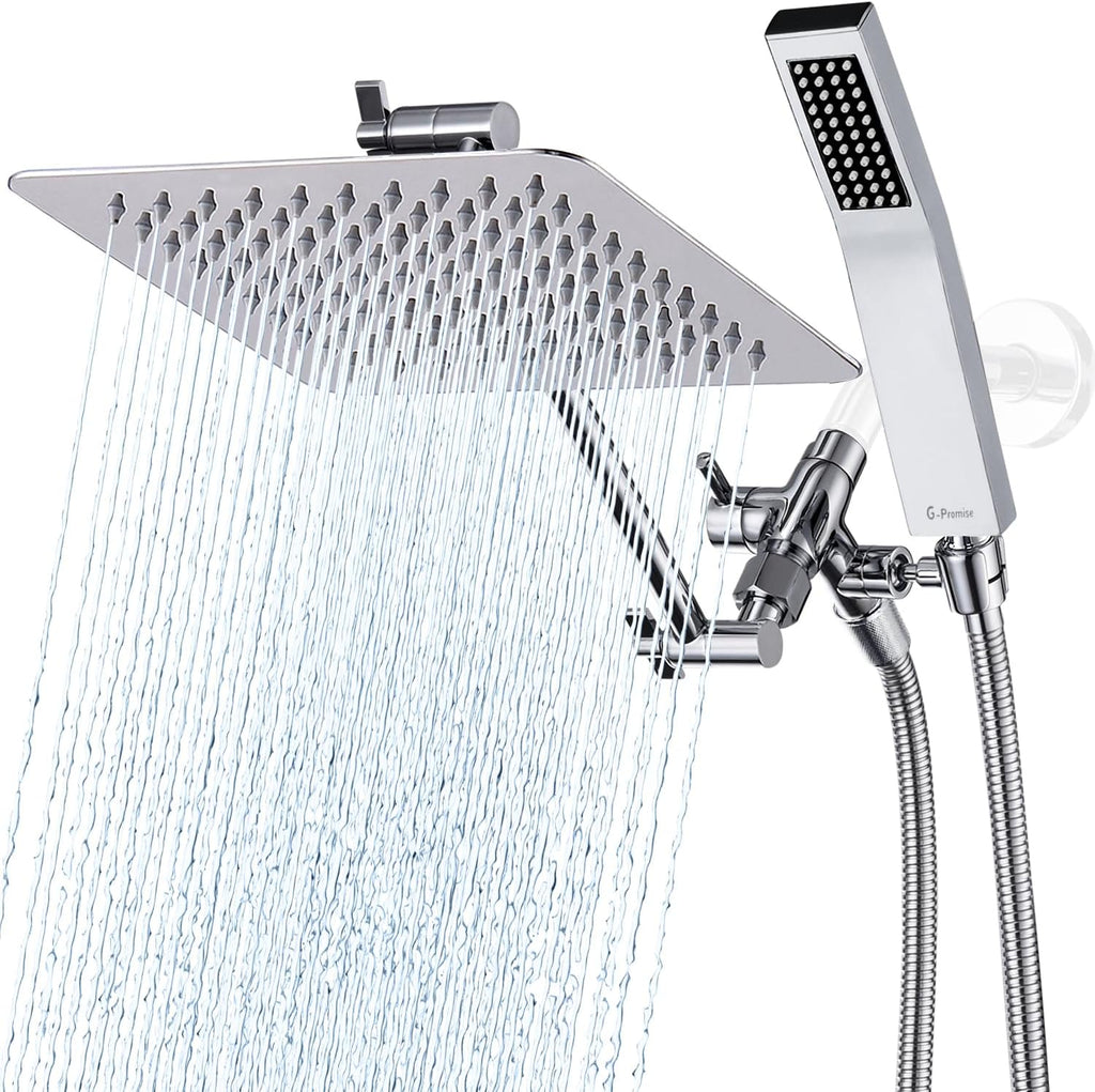 All Metal 8 Inch Dual Square Shower Head with Handheld Spray Combo, Rain Shower Head, Adjustable Extension Arm
