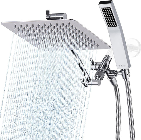 All Metal 8 Inch Dual Square Shower Head with Handheld Spray Combo, Rain Shower Head, Adjustable Extension Arm