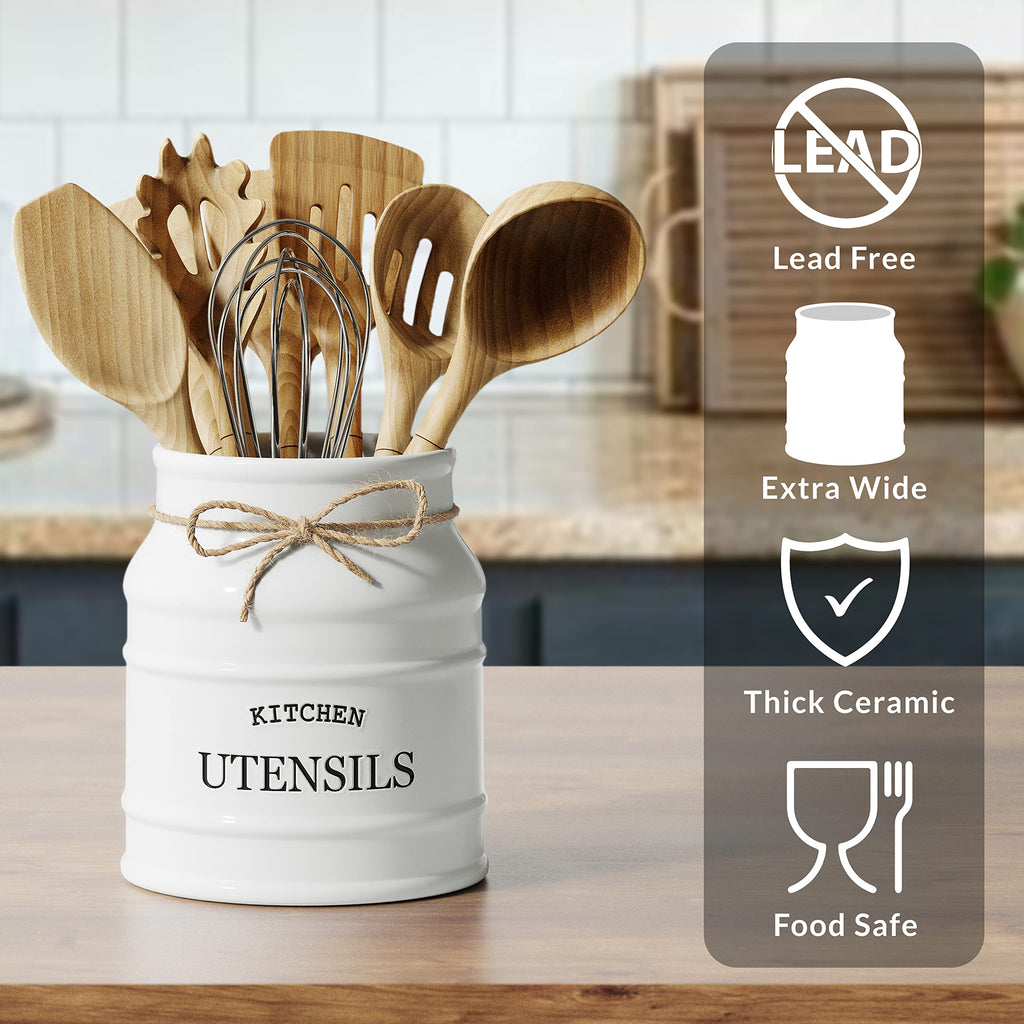 Ceramic Kitchen Utensil Holder Countertop 6.75′′ (White)