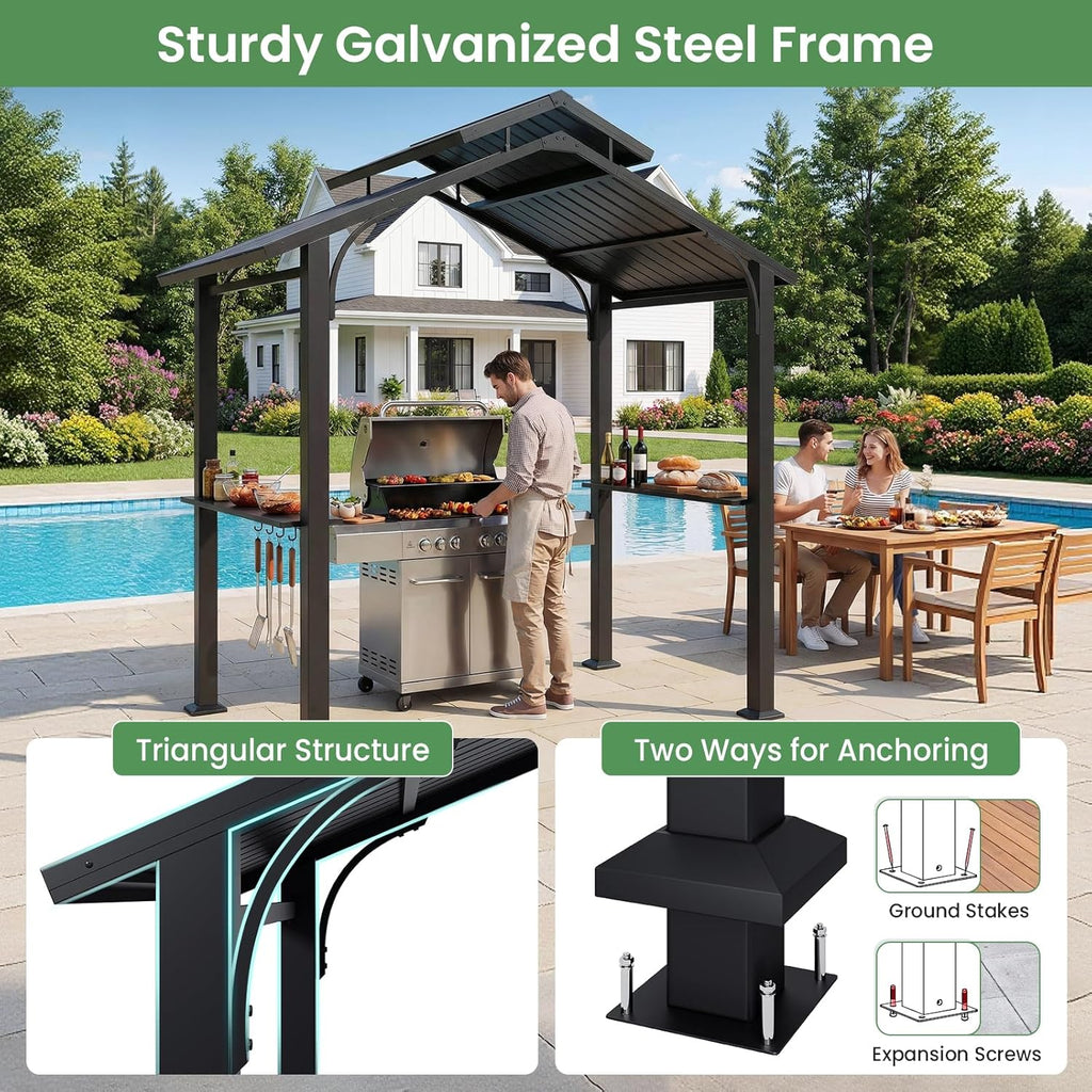 8’x5’ Grill Gazebo, Outdoor BBQ Hardtop Gazebo with Galvanized Steel Double Roof