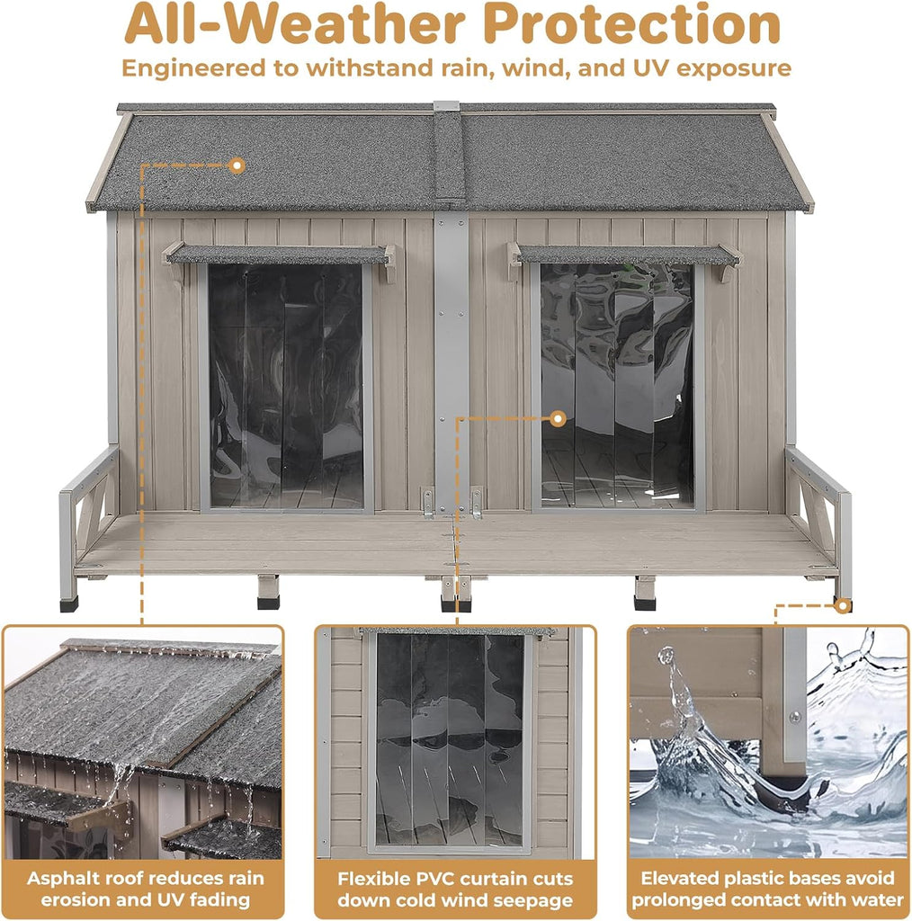 Dog House Outdoor Double Room Cedar Wood with Porch for 2 Dogs