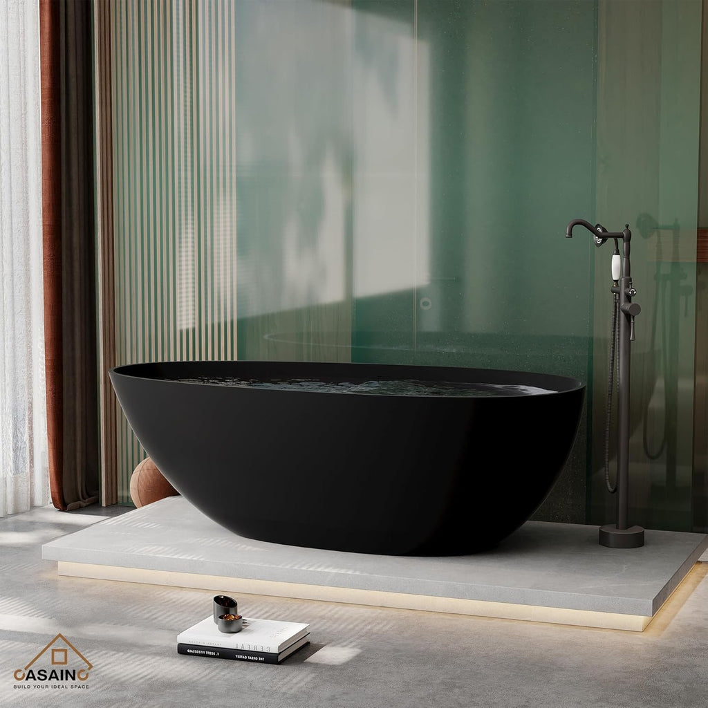 67" Freestanding Bathtub Egg-Shaped Stone Resin Freestanding Tub Solid Surface Matte Black Stand-Alone Tub with Drain