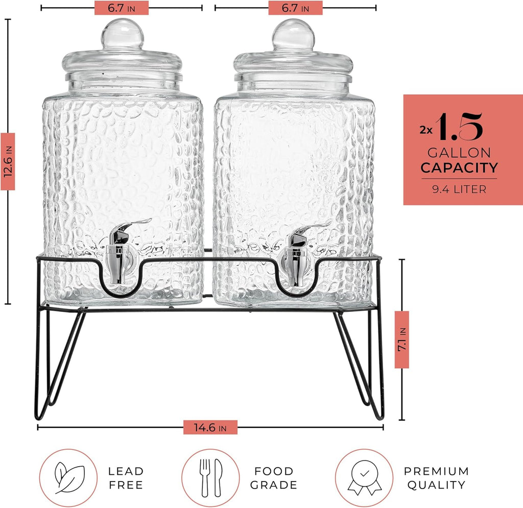 Premium Glass Drink Dispensers with Metal Stand for Parties - Beverage Dispenser Set for Cold Drinks, Lemonade