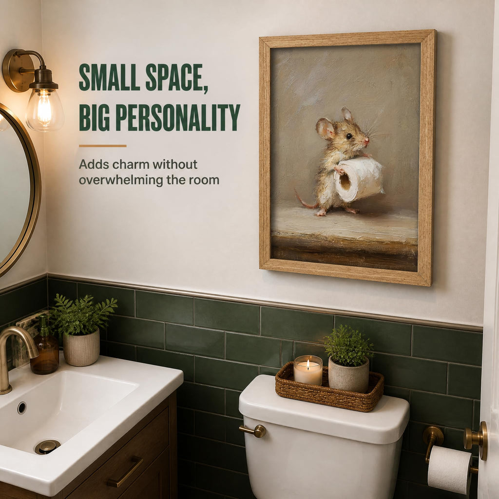 Framed Whimsical Textures Mouse Wall Art Funny Bathroom Wall Decor Cute Animal Painting Picture Neutral Beige Rustic