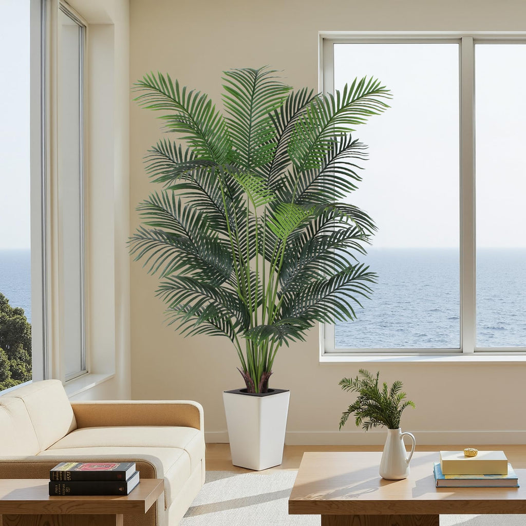 Artificial Palm Tree with White Tall Planter, 7ft Tall Potted Artificial Silk Palm Tree Plant, Fake Tropical Plant