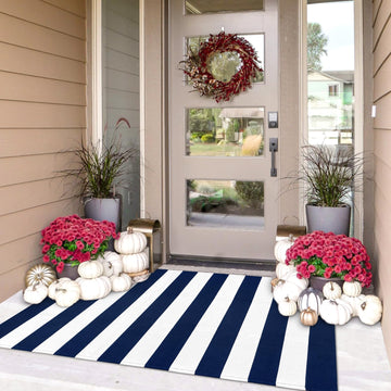 27.5x43 Striped Outdoor Door Mat, Washable Porch Rug, Navy/White