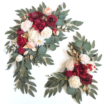 Faux Flower Swag Set of 2 for Wedding Welcome Signs Floral Swag Wedding Reception Ceremony Signs Decor(Burgundy red &