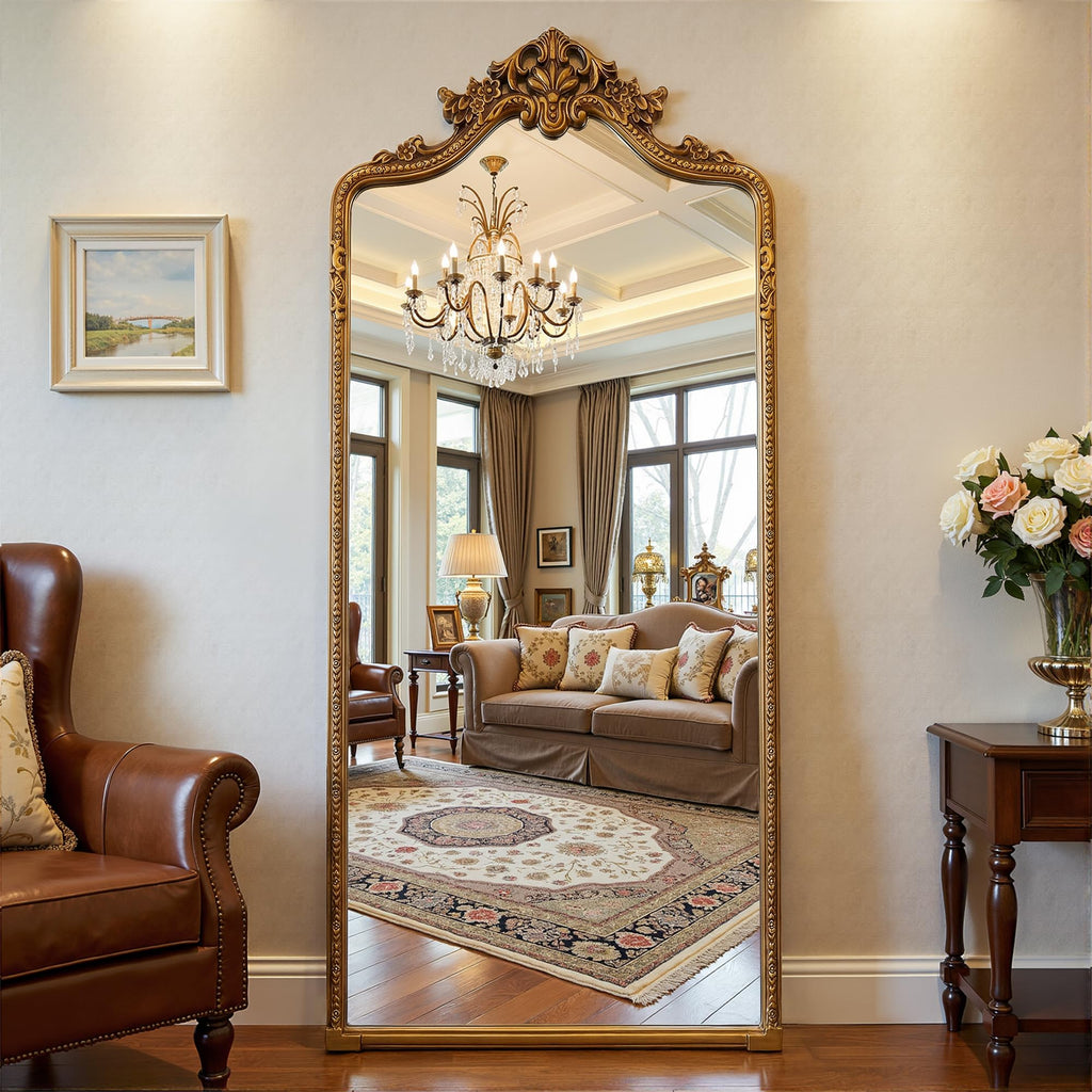 70"x28" Retro Full Length Mirror, Ornate Carved Floor Body Mirror