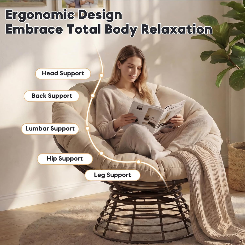 Comfortable 36" Ergonomic Wicker Papasan Chair, 360° Swivel Wicker Accent Chair Polyester Fabric Cushion, Ideal