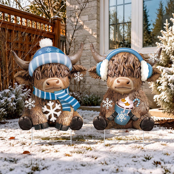 Winter Highland Cow Decoration Outdoor Metal Xmas Sign with Stakes