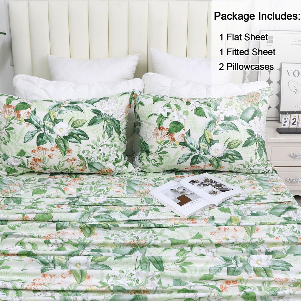 Green Floral Sheet Set Cal King, 100% Cotton Pink Flower Printed Sheets College Sheets Botanical Shabby White Floral