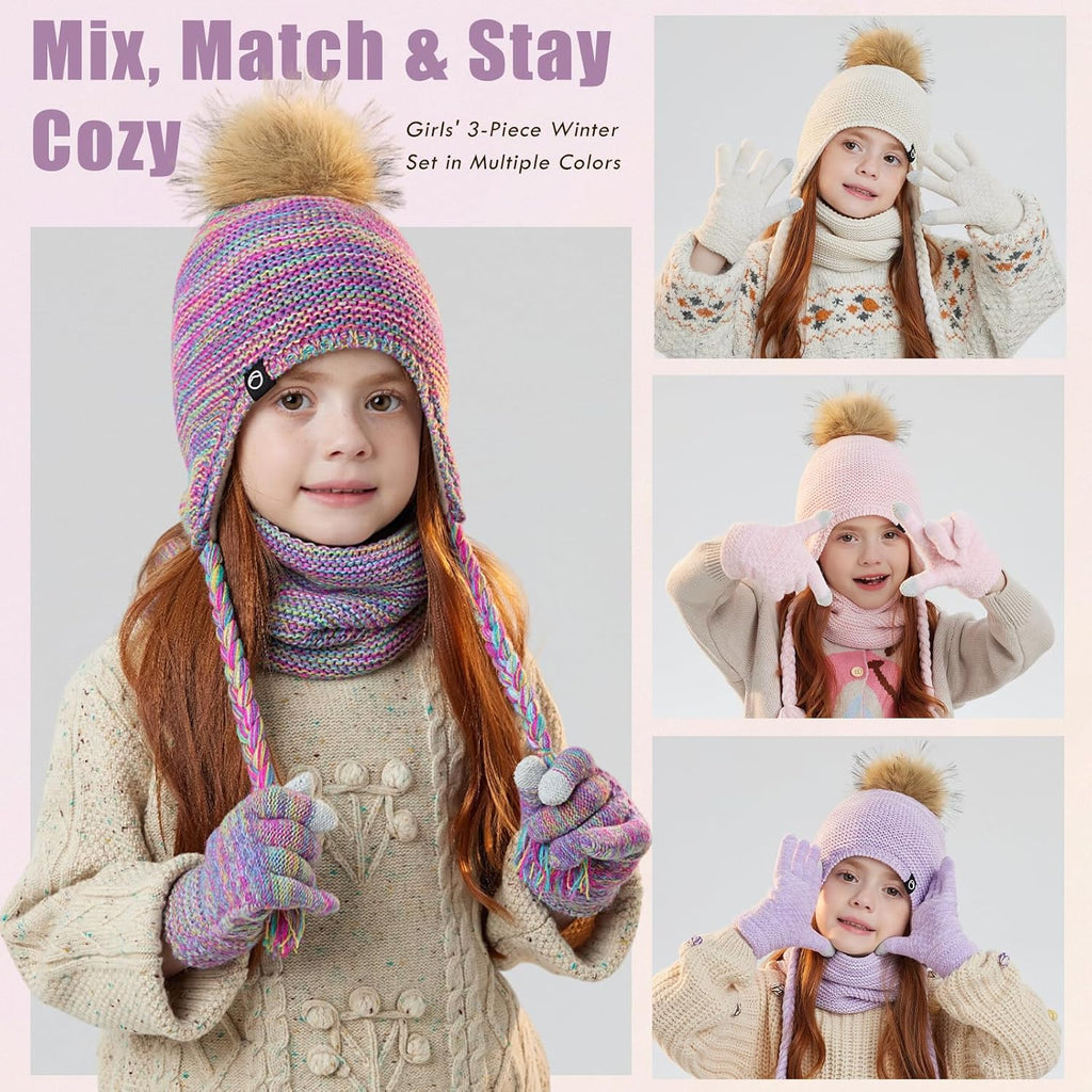 Kids Winter Hat Gloves Scarf Set Warm Earflaps Soft Fleece Lined