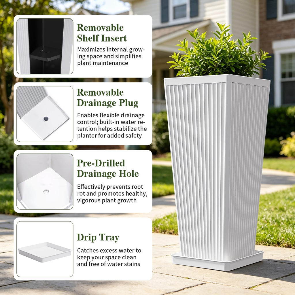24" Tapered Tall Planters for Outdoor Plants with Tray&Shelf, White