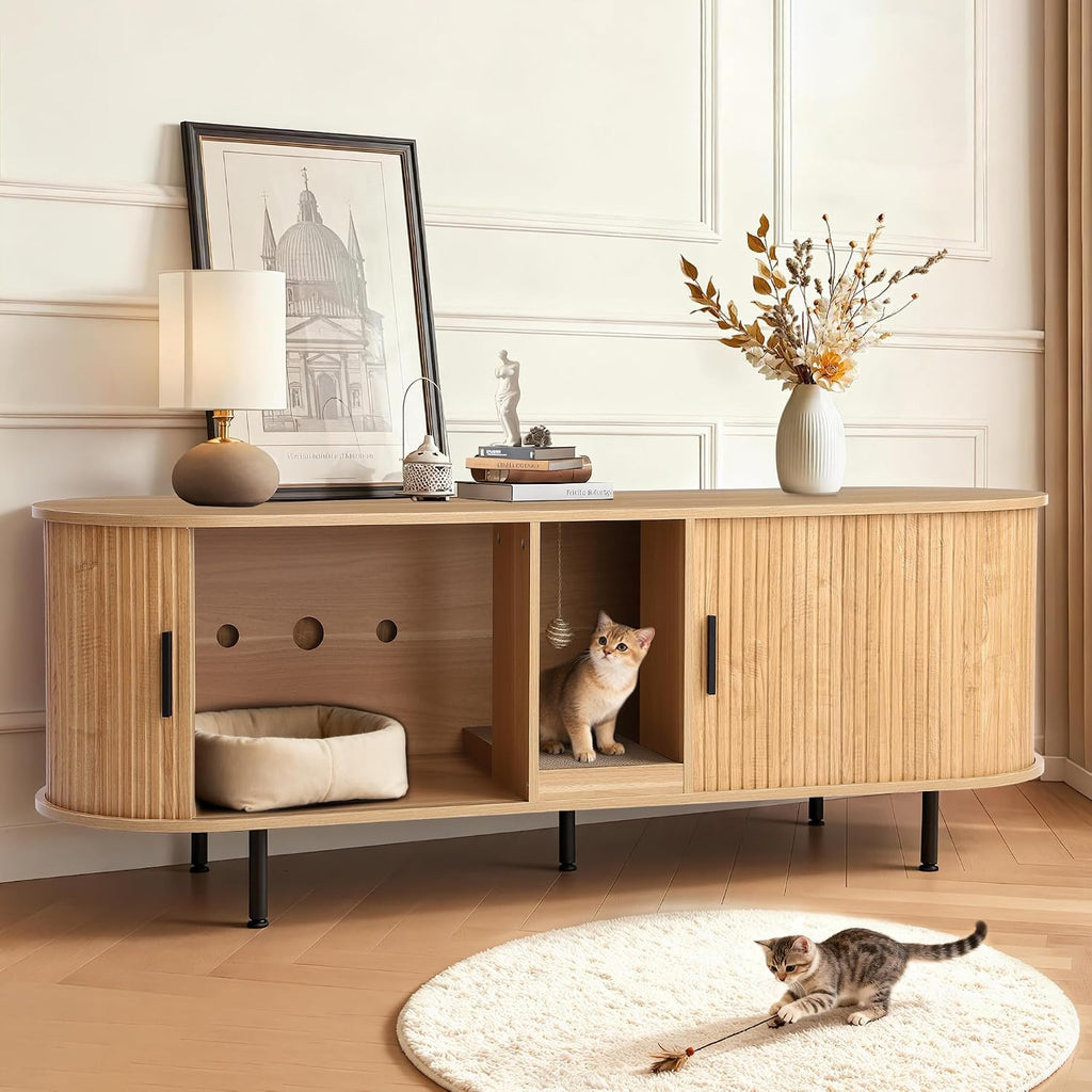 Hidden Cat Litter Box Enclosure with Sliding Door, Built-in Scratch Pad, 63" Modern Indoor Cat House, Fluted
