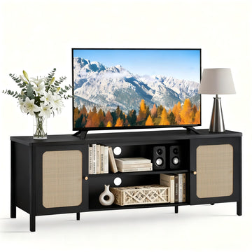 Rattan TV Stand for TVs up to 75'' Boho Entertainment Center with Adjustable Shelf Television Stand with 2 Storage