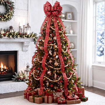 Large Christmas Tree Topper Bow Red Green Plaid Bows, Fresh Color