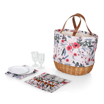 Promenade Picnic Basket for 2, Canvas and Willow Picnic Set - Includes Utensil Set, Glasses, and Plates, (Floral