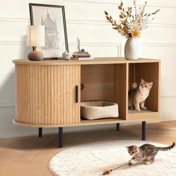 Cat Litter Box Furniture Enclosure with Scratch Pad, Hidden Fluted Cabinet with Sliding Door, Multi-Functional Modern