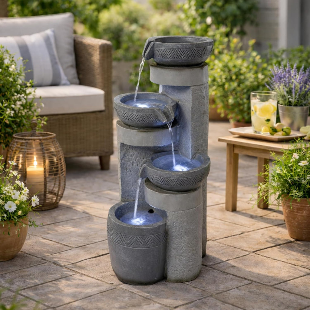 28" Outdoor Water Fountain with Led Lights, 4-Tiered Owl & Calla Lil Water Fountain, Outdoor Garden Waterfall Decor