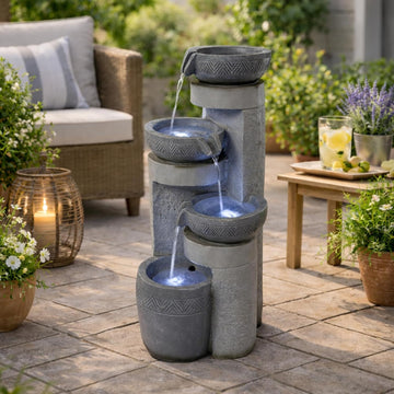 28" Outdoor Water Fountain with Led Lights, 4-Tiered Owl & Calla Lil Water Fountain, Outdoor Garden Waterfall Decor