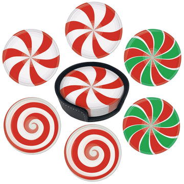 Christmas Candy Coasters Leather Round Drink Coasters 6 Pcs Set with Holderor for Cup Drink Coffee Table Bar Home