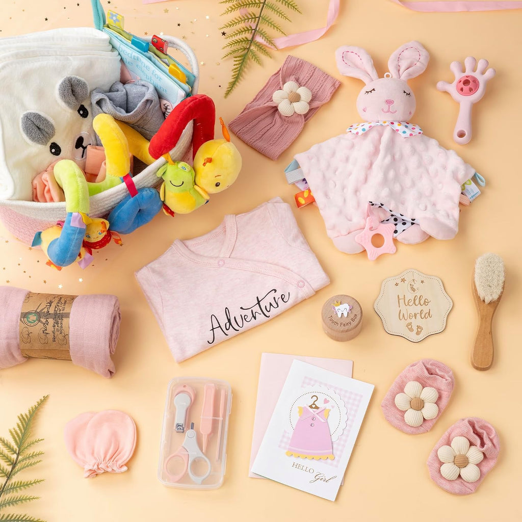 Baby Shower Gifts for Girls, 24 Piece Deluxe Baby Shower Gift Basket - Baby Girl Gift Basket with Swaddle, Rattle