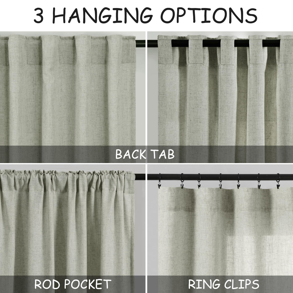 Sage Green Curtains 144 Inches Long 2 Panels Back Tab Rod Pocket Semi Sheer Linen Drapes Neutral Sage Decor Green