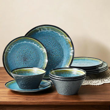 Melamine Dinnerware Set, 12Pcs Vintage Plates and Bowls Set, Rustic Blue