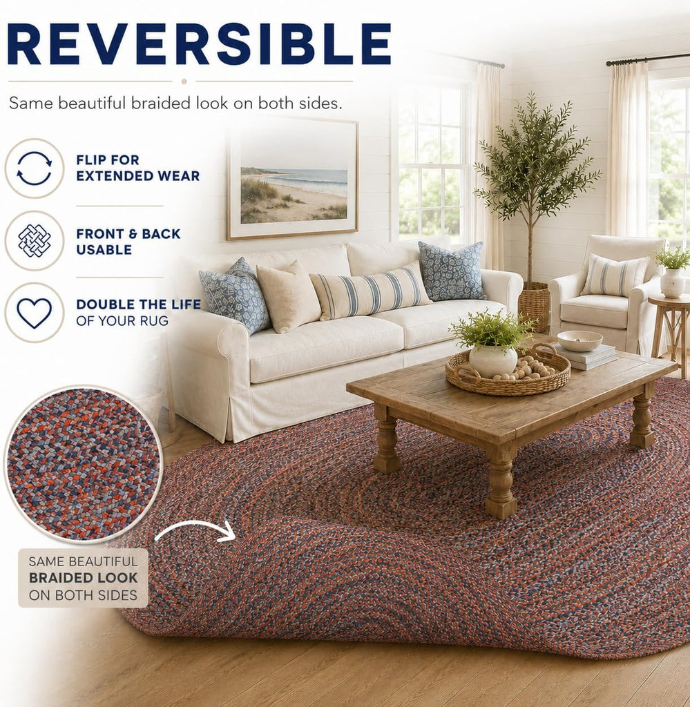 Canterbury Red & Blue Braided Rug, 8' x 10' Oval, Indoor/Outdoor Reversible Farmhouse Area Rug , or Patio