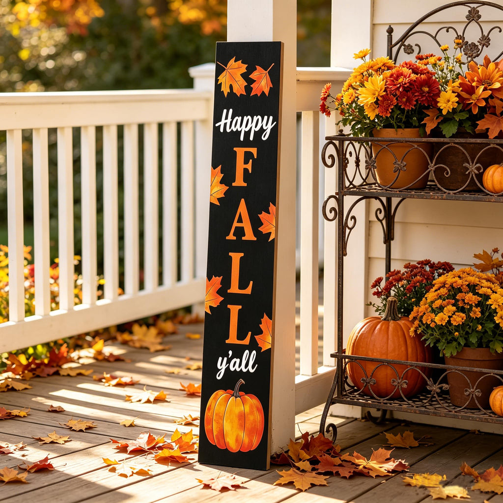 Happy Fall Y'all 47" Tall Vertical Wooden Porch Sign Black Rustic Farmhouse Fall Decor with Maple Leaf Pumpkin