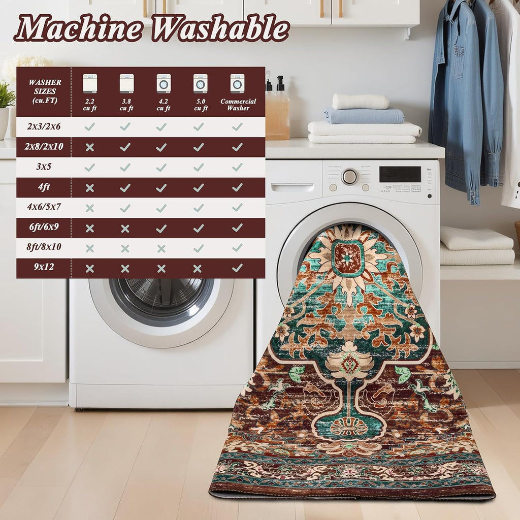 Boho Vintage Round Area Rug 8ft Machine Washable Low Pile Soft Floor Carpet Non Slip Non Shedding Ac