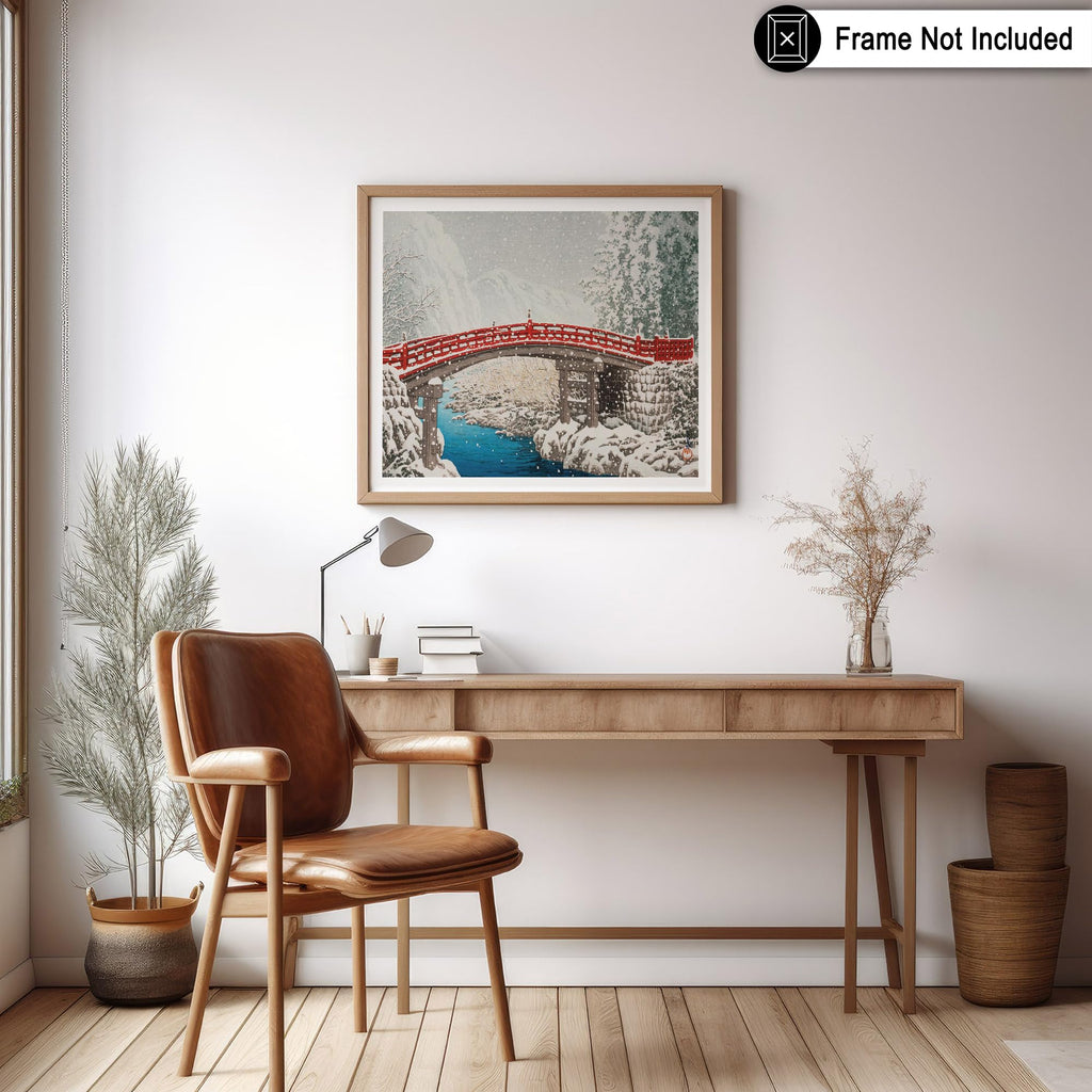Master Vintage Hasui Kawase Poster - Retro Snow at Sacred Bridge in Nikko Print - Japanese Art - Gift for Him, Her