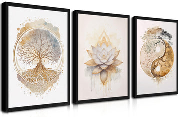 Wood Framed Tree of Life Wall Art Set of 3, Modern Gold Lotus Zen Canvas Wall Decor Paintings, Abstract Yin Yang