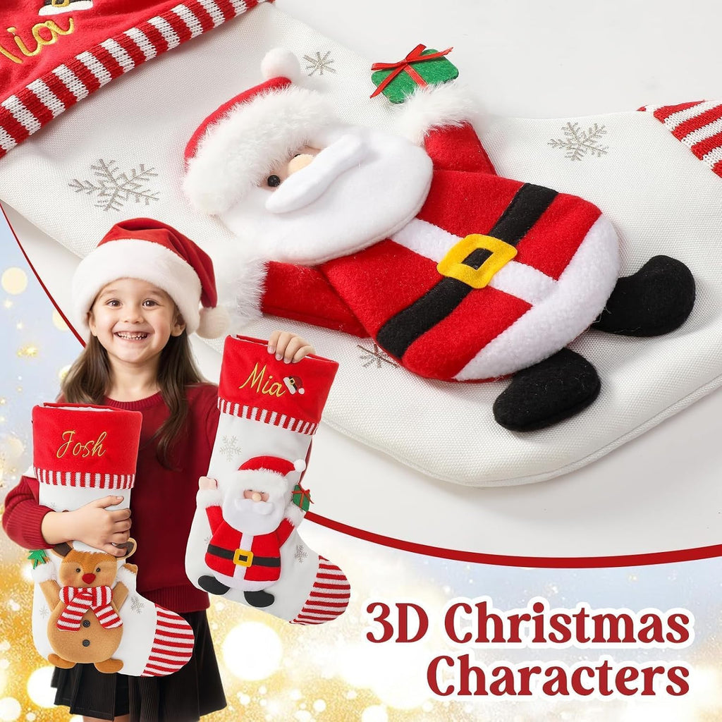 With Embroidered Name & Monogram, 3D Xmas Character Stocking 5 Pack 18" Large,Santa,Snowman & Reindeer Fireplace - Set of 5