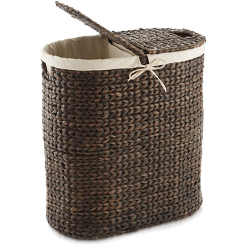 Oval Laundry Hamper with Lids and Removable Liner Bags - Espresso Dark Brown, Woven Water Hyacinth 2-Section Laundry