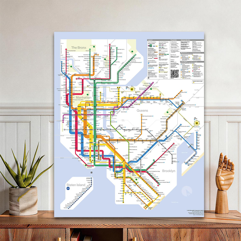 York City Subway Map Canvas Wall, Modern NYC MTA System Transit Map Print, Minimalist Wall Decor, Framed Ready