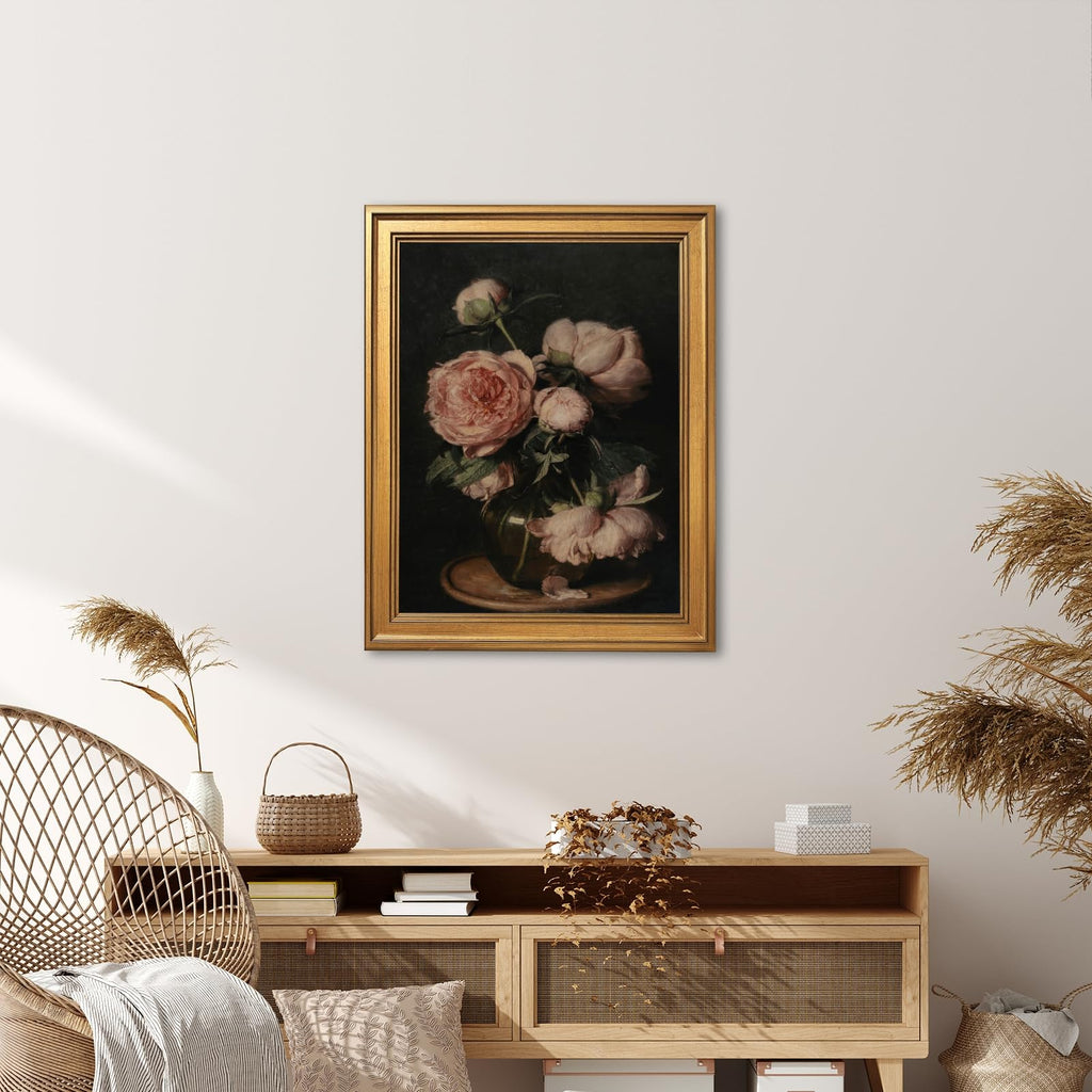 Gold Framed Vintage Floral Still Life Painting Moody Pink Peony Wall Art Canvas Print Dark Academia Flower Peonies