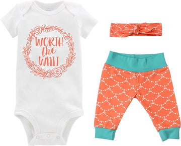 Worth the Wait Baby Girl Going Home Outfit - Orange Teal - Bodysuit, Yoga Pant, and Headband