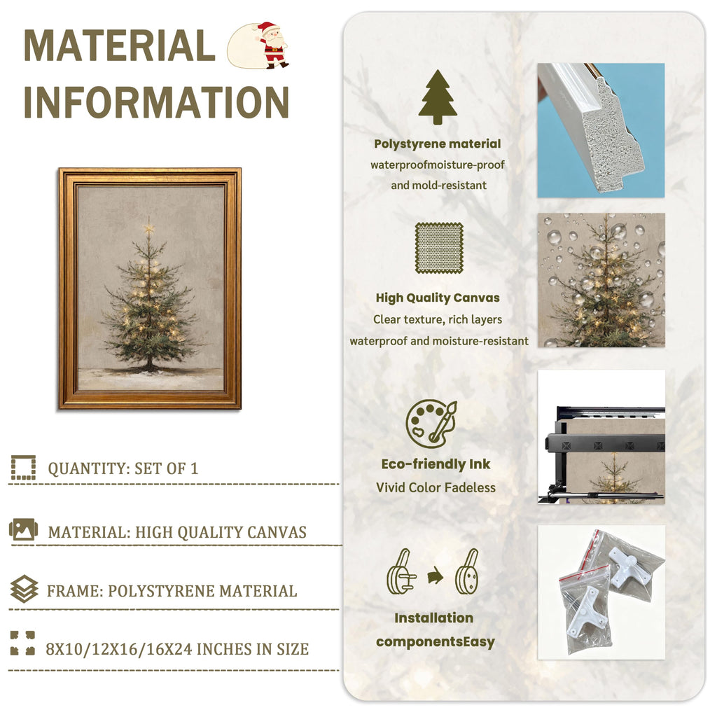 Gold Framed Christmas Wall Art, Christmas Tree Wall Decor, Lighted Evergreen Pine Canvas Print, Vintage Neutral