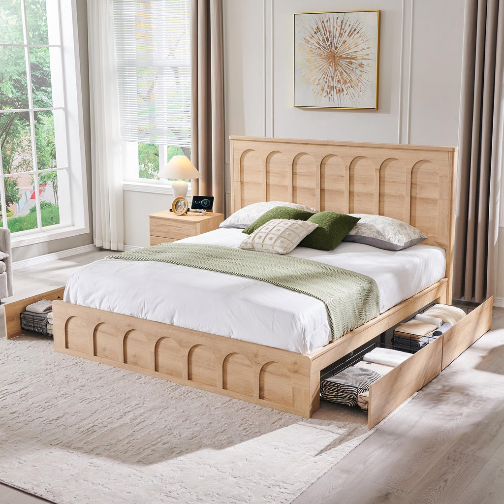 Arched King Size Bed Frame Modern with 4 Drawers, Natural Oak