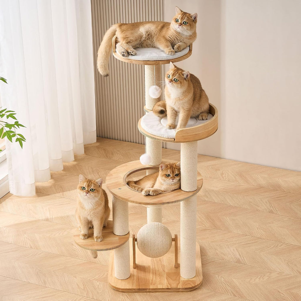 Modern Solid Wood Cat Tree Tower, 49" Tall Cat Tree with Sisal Scratching Posts for Adult Cats, Luxury Natural Oak