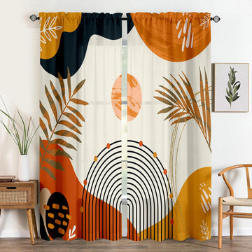 Boho Mid Century Abstract Leaves Curtains 52X84Inch Rainbow Living Room Curtain 2Pc Burnt Orange Curtains Modern